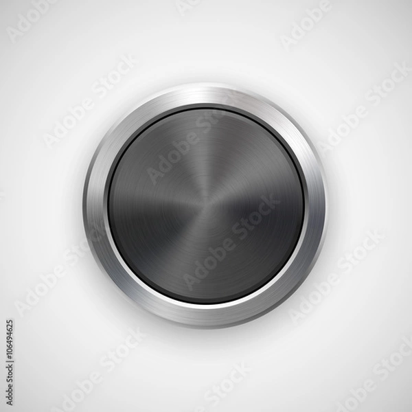 Obraz Black Abstract circle geometric badge, technology perforated button template with metal texture, chrome, silver, steel and realistic shadow for logo, design concepts, apps. Vector illustration.