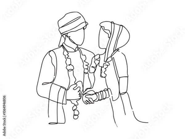 Obraz One continuous line drawing of Indian wedding ceremony vector illustration bride complete with wedding costume design illustration simple linear style vector concept. Indian design vector.
