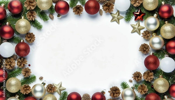 Fototapeta Christmas white background with Christmas balls and decorations in a circle in the shape of a wreath