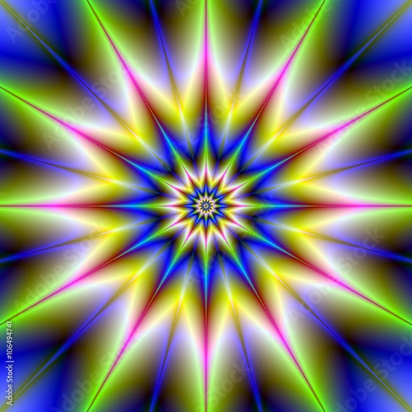Obraz Time Star / A digital abstract fractal image with a twelve pointed star design in blue, green, pink and yellow.