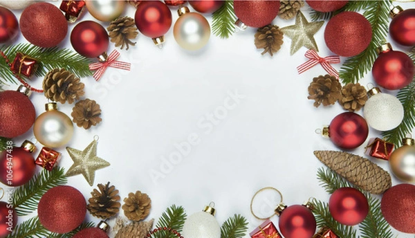 Fototapeta Christmas white background with Christmas balls and decorations in a circle in the shape of a wreath