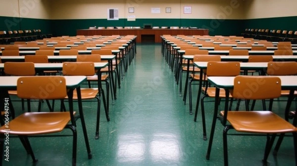 Fototapeta Classroom Ready: Rows of empty desks and chairs in a well-lit classroom, ready for students.  Awaiting eager minds.