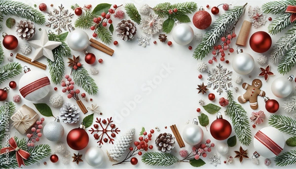 Fototapeta Christmas white background with Christmas balls and decorations in a circle in the shape of a wreath