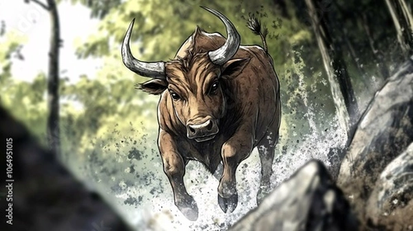 Obraz Charging Bull in the Forest: A Vivid Wildlife Portrait
