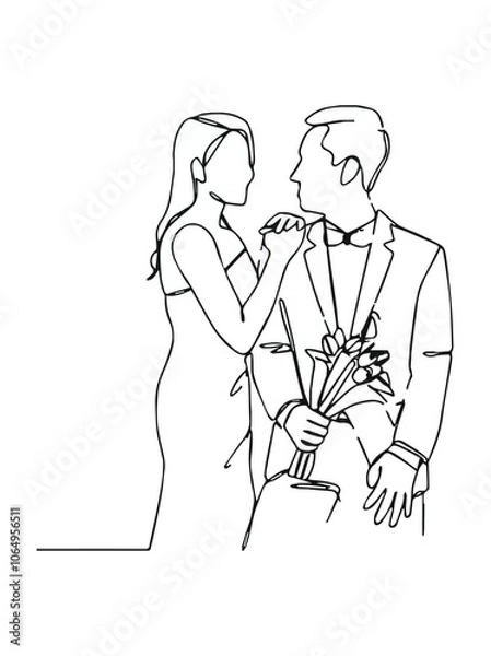 Obraz Mariage partner. Hand drawn style vector design illustrations, Newlyweds holding hands, hugging, wedding minimalist concept. Element for wedding.
