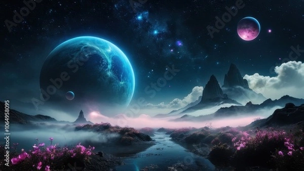 Fototapeta A mystical landscape featuring glowing spheres and a starry sky, shrouded in mist with a silhouette walking along a path, evoking a sense of wonder and exploration