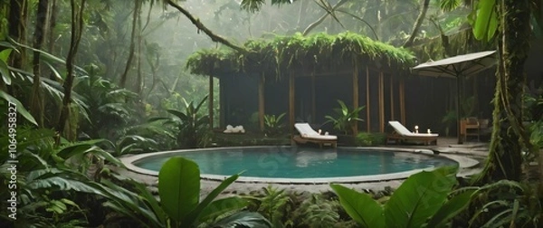 Fototapeta Luxury spa in the rainforest with guests in closeups being pampered with allnatural treatments surrounded by lush foliage