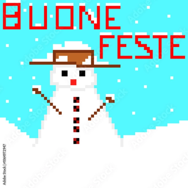 Obraz Sfondo con pupazzo di neve e la scritta Buone feste in pixel