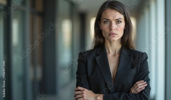 Fototapeta Businesswoman with serious expression standing confidently against office background
