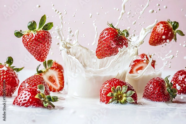 Fototapeta fresh strawberries splashing into creamy milk against soft pink backdrop