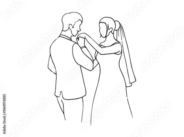 Obraz Couple kisses the bride's hand, they are happy and look at each other - a hand drawn drawing of the newlyweds. wedding illustration of bride and groom

