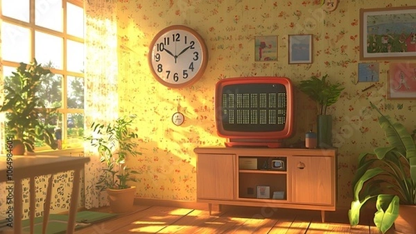 Fototapeta Retro living room with a vintage TV and clock, sun shining through the window, plants and a wooden cabinet.