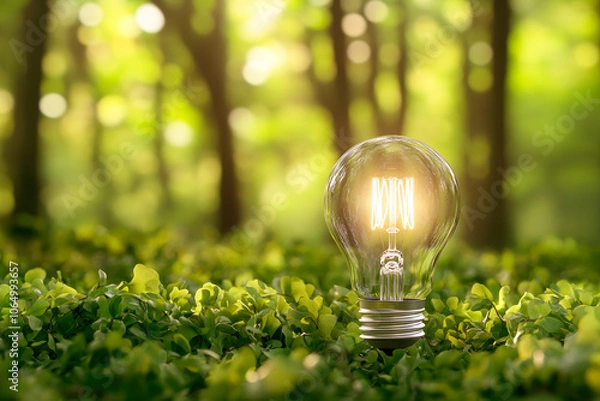 Fototapeta A glowing light bulb on a forest background. Natural energy and environment concept.