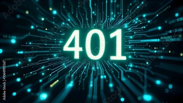 Fototapeta 401 Error Code on Digital Circuit Board Background - Unauthorized Access Concept with Glowing Circuit Paths and Network Connections