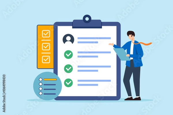 Fototapeta Flat illustration of human resource manager checking candidate questionnaire new hire onboarding checklist vacancy job business interview and HR recruitment