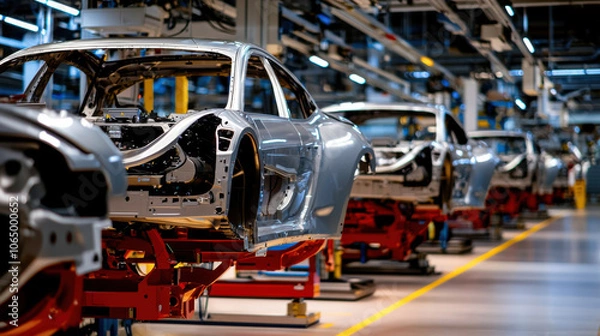 Fototapeta Automotive assembly line showcasing electric vehicle chassis in modern factory. sleek, metallic frames are positioned on red platforms, highlighting advanced manufacturing technology