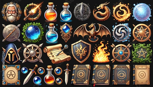 Obraz Fantasy RPG Icon Set with Magic Potions Dragons and Enchanted Shields