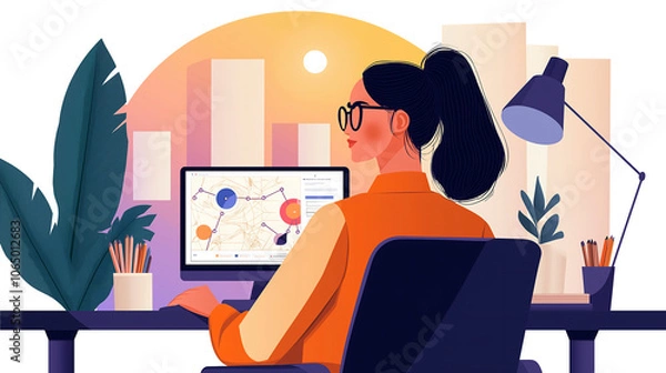 Fototapeta In a modern office, a woman blockchain developer engages with intricate cryptocurrency visualizations, exploring floating transaction flows and vibrant network maps
