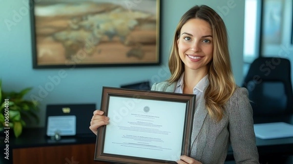 Fototapeta Smiling woman holding a diploma in a modern office setting with a world map.