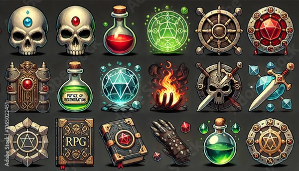 Fototapeta Alchemy potions fire elements magical gems and skull icons for fantasy RPG