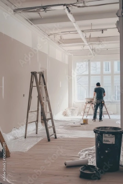 Fototapeta Interior renovation in progress with painting supplies, ladders, and protective coverings, highlighting preparation and transformation in commercial or residential spaces.