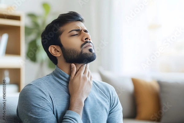 Fototapeta Young man suffering from a sore throat at home