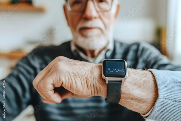Fototapeta Senior Man Checking Heart Rate on Smartwatch