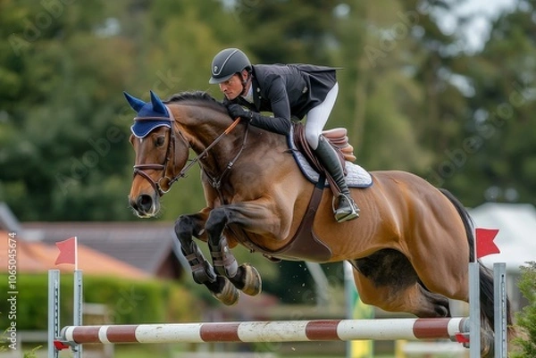 Fototapeta An intense equestrian scene with a focused rider guiding a horse over a high barrier, demonstrating teamwork, expertise, and elegance in an outdoor competition.
