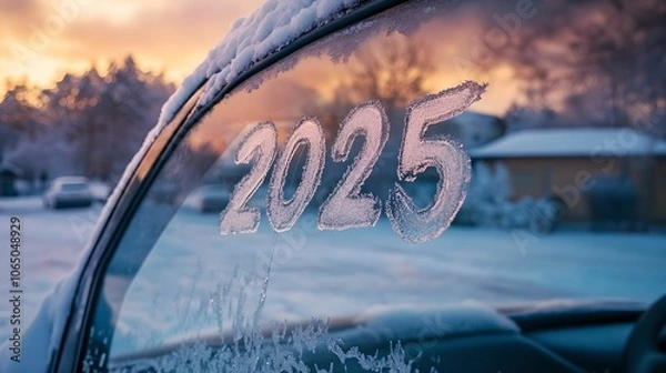 Obraz Handwritten 2025 on Snowy Car Window, handwriting, snow, finger, winter