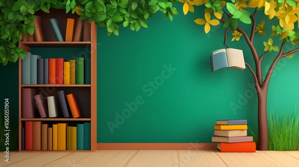 Fototapeta 3D vector image paper cute, Library Education knowledge background study school university