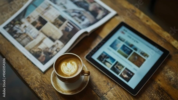 Obraz Coffee Cup and Tablet on Wooden Table, wood, magazine, digital, beverage