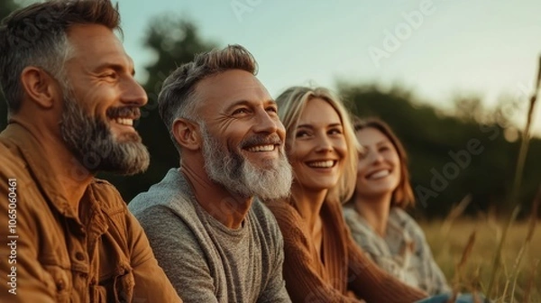 Fototapeta A group of four friends smiling and enjoying each other's company in an open field during a beautiful sunset, capturing a moment of unity and joy.