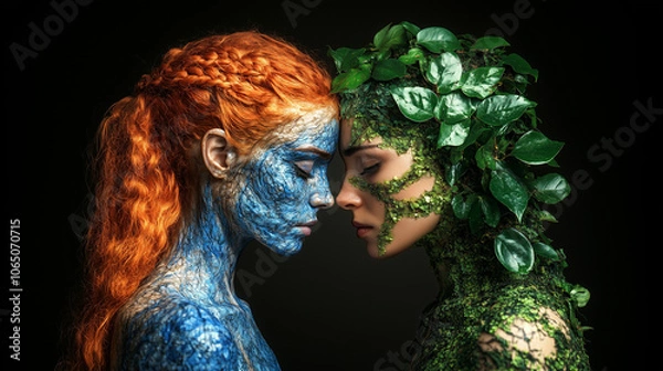 Fototapeta Elemental Eve and Eve in a unique Genesis, a tribute to the enduring spirit of womanhood and the ancient, unmoving strength of Mother Nature