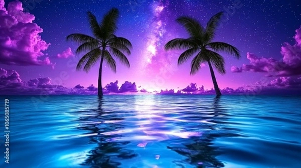 Fototapeta Tropical Paradise Sunset with Palm Trees and Milky Way Galaxy