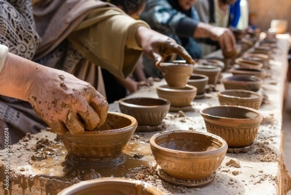 Fototapeta A community workshop teaching traditional pottery making techniques in Morocco on African World Heritage Day