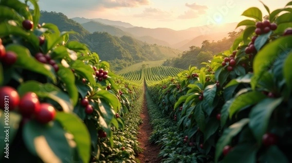 Fototapeta Scenic view of coffee plantation with rows of plants extending to horizon
