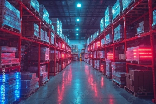 Fototapeta Rows of Stacked Boxes in a Warehouse Illuminated by Red and Blue Lights