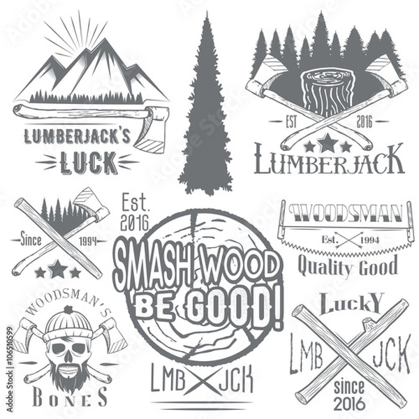 Fototapeta Vector set of lumberjack and woodsman vector labels in vintage style. Wood work, manufacture emblems templates.