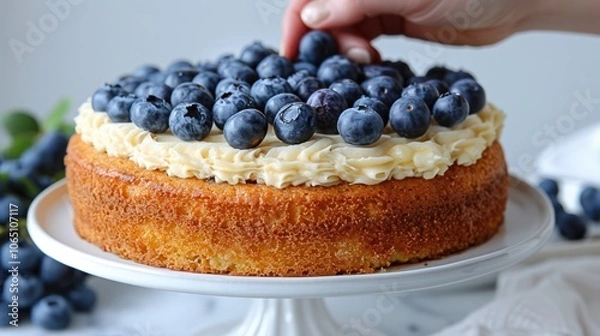 Fototapeta A baker carefully adds fresh blueberries to a creamy cake on a white pedestal stand in a bright kitchen. Generative AI