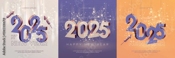Fototapeta Happy new year 2025 square template with 3D hanging number. Greeting concept for 2025 new year celebration with fireworks