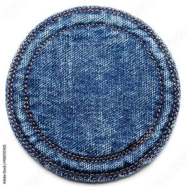 Obraz A circular denim patch featuring a blue fabric with distinct stitching, often used for reinforcement or decorative purposes in clothing.