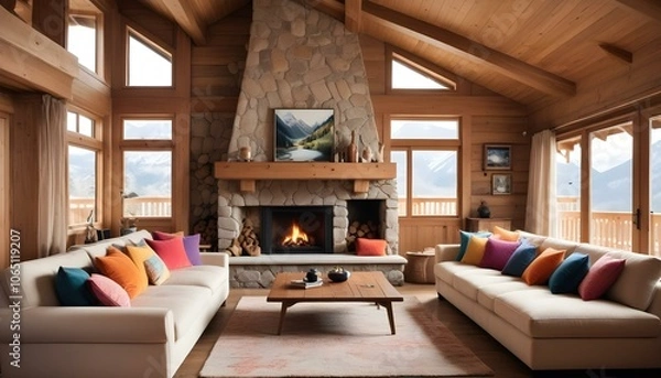 Fototapeta A stylish chalet living room with a blend of modern and traditional alpine decor, featuring a large brown sectional sofa, a stone fireplace with decorative logs, rustic wooden furniture, and warm ambi