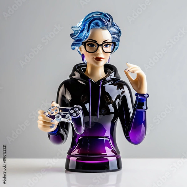 Fototapeta Elegant Glass Sculpture of a Female Video Game Developer in a Black Hoodie, Representing Creativity and Craftsmanship, generative ai
