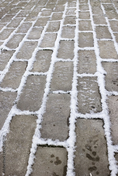 Fototapeta Frosted patio, ice and snow in the joints of the pavers