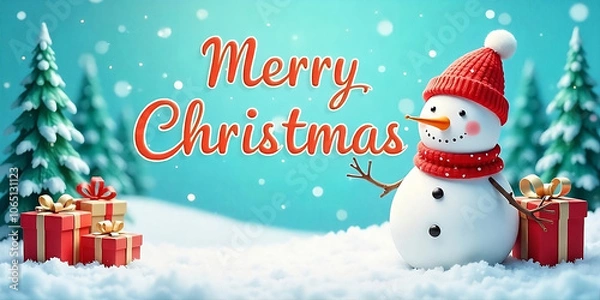 Obraz A winter landscape with snowmen, gift boxes, and Christmas trees.