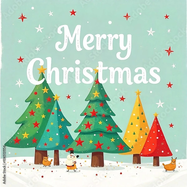 Fototapeta A decorated Christmas tree with ornaments, lights, and presents underneath, with a Merry Christmas