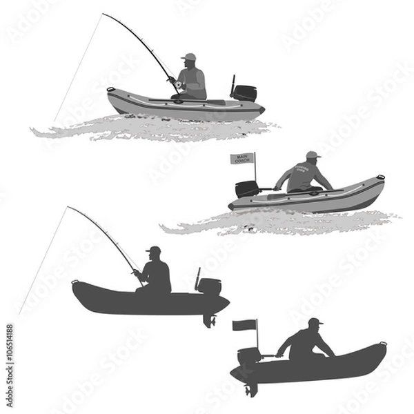 Obraz Główny trener klubowych rybaków jeździ na gumowej łodzi z silnikiem. rybak na łodzi łapie rybę
Zestaw sylwetek. Całkowicie wektorowa ilustracja