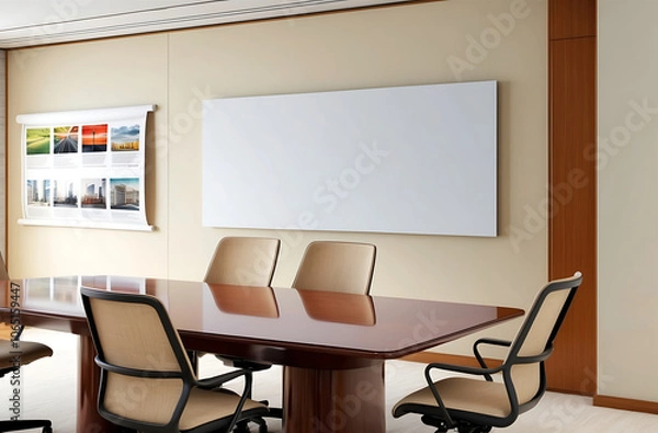 Fototapeta Modern office with blank wall for poster display and meeting layout. 3D Rendering