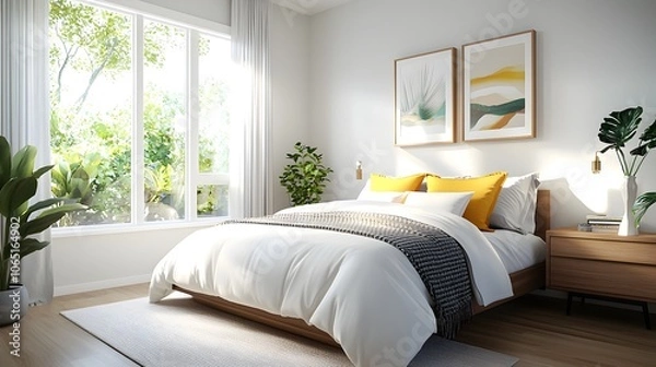 Fototapeta Cozy and Inviting Minimalist Bedroom Interior with Large Window Allowing Natural Light to Pour In Featuring Stylish Furniture and Decor Elements
