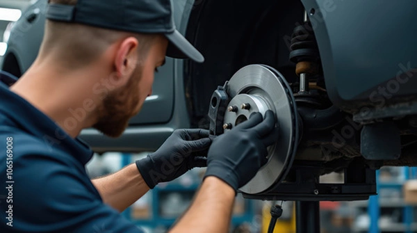 Fototapeta Mechanic Repairing Car Brake System in Professional Workshop
